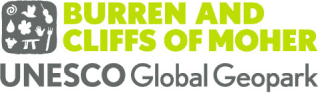 Logo for Burren and Cliffs of Moher UNESCO Global Geopark, featuring bright green and gray text with small nature and cultural icons in a gray square—perfect for highlighting eco-adventures like e-Whizz Electric bikes.