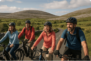 A group of people are riding bicycles down a road