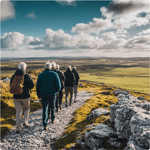 A group of people ride e-Whizz Electric bikes along a rocky path through a grassy, open landscape under a partly cloudy sky, with distant rolling hills in the background.